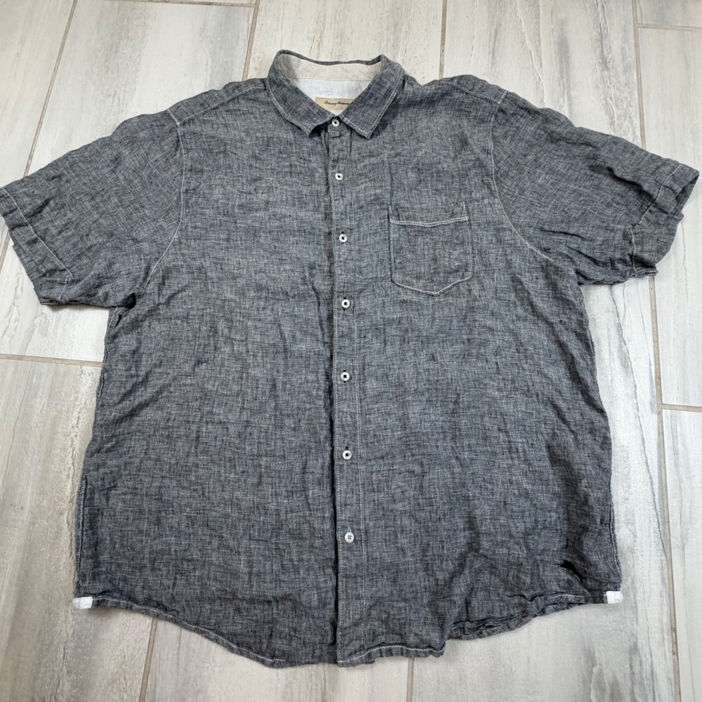 Tommy Bahama Mens XXL Gray 100%‎ Linen Short Sleeve Button Down Shirt Pocket